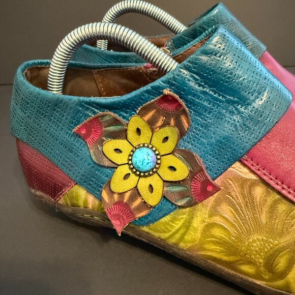 Socofy Women's Booties 9.5 (40) Rainbow Leather Flower Accent Turquoise Stone - Picture 3 of 9